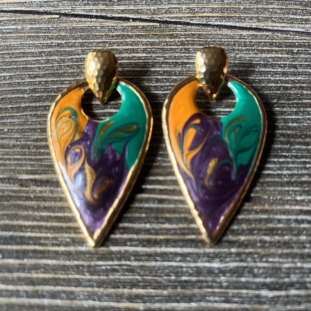 Vintage 80s 90s Enamel Drop Earrings Colorful Bold Enamel Gold Trim 2”